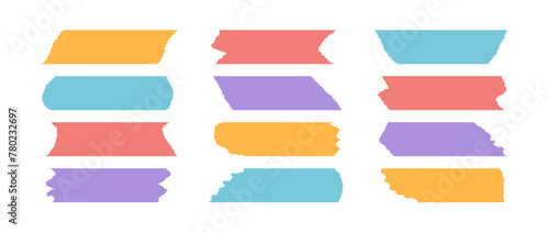 Colorful adhesive tape piece set. Scotch stripes with torn jagged edges. Plastic duct tape band collection. Sticky masking paper for package wrap, blank tag, label, sticker, decoration. Vector pack