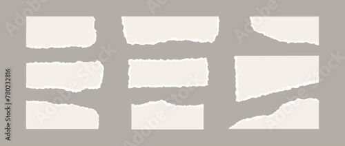 Torn paper piece collection. Beige shapes with jagged uneven edges. Ripped different paper fragment set. Textured grunge element bundle for collage, text box, banner, sticker, poster, flyer. Vector