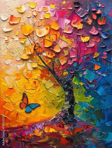 Abstract oil painting of a tree with vibrant leaves and a butterfly, palette knife strokes, on a colorful background with dramatic lighting