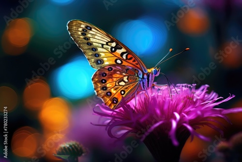 delicate butterfly perched on a vibrant flower, capturing intricate details of its iridescent wings and the delicate textures of the flower petals