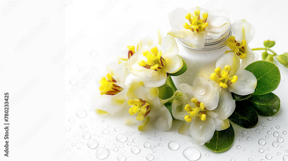 A white flower arrangement with a clear container in the middle