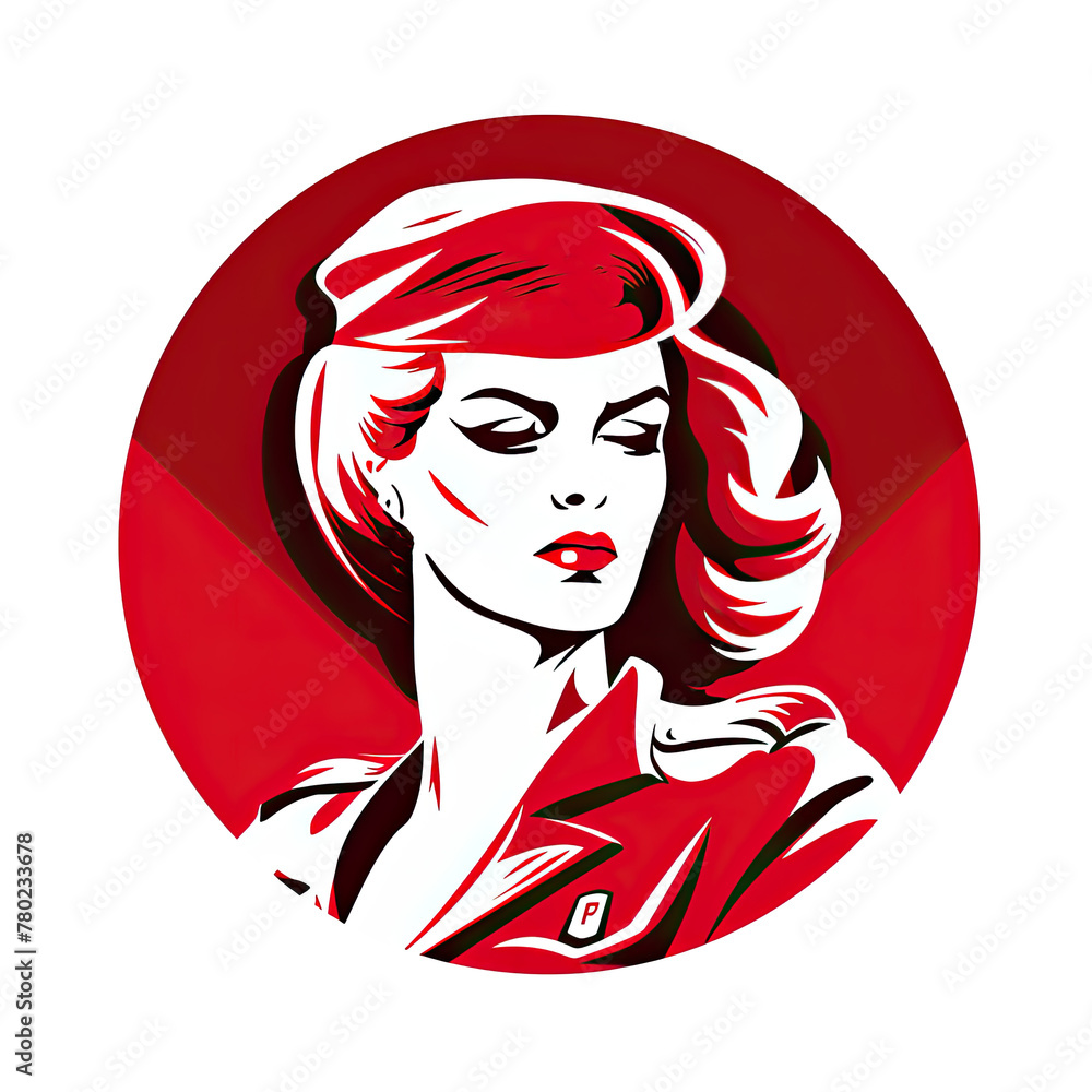 A logo of a beautiful woman soldier with a red beret within a circle - obrazy, fototapety, plakaty 