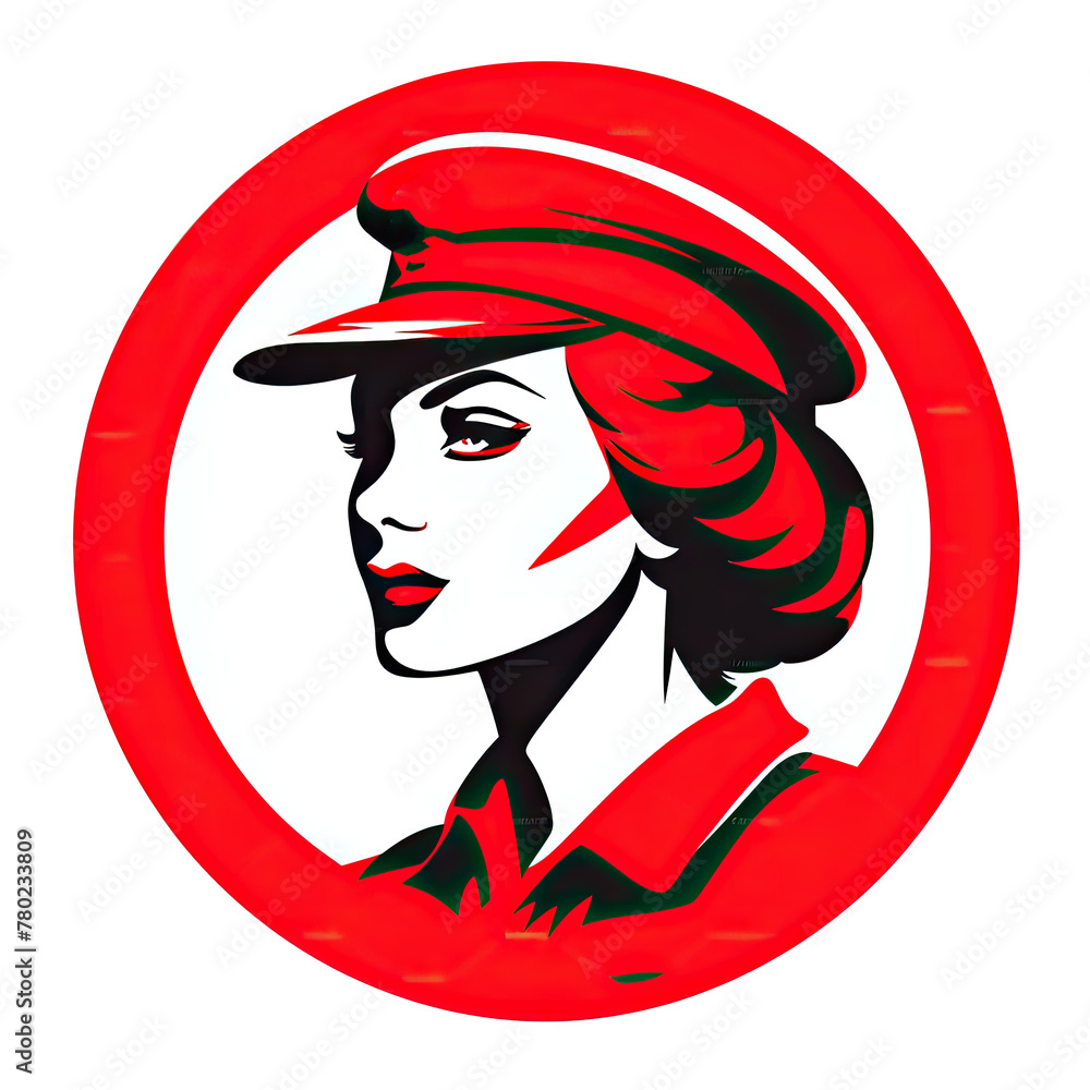 A logo of a woman soldier with a red hat within a circle - obrazy, fototapety, plakaty 