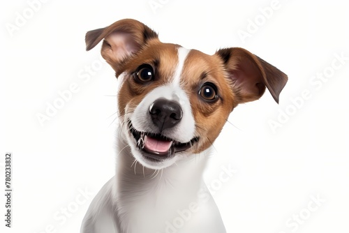 A friendly brown and white dog face on a white background © Hunny