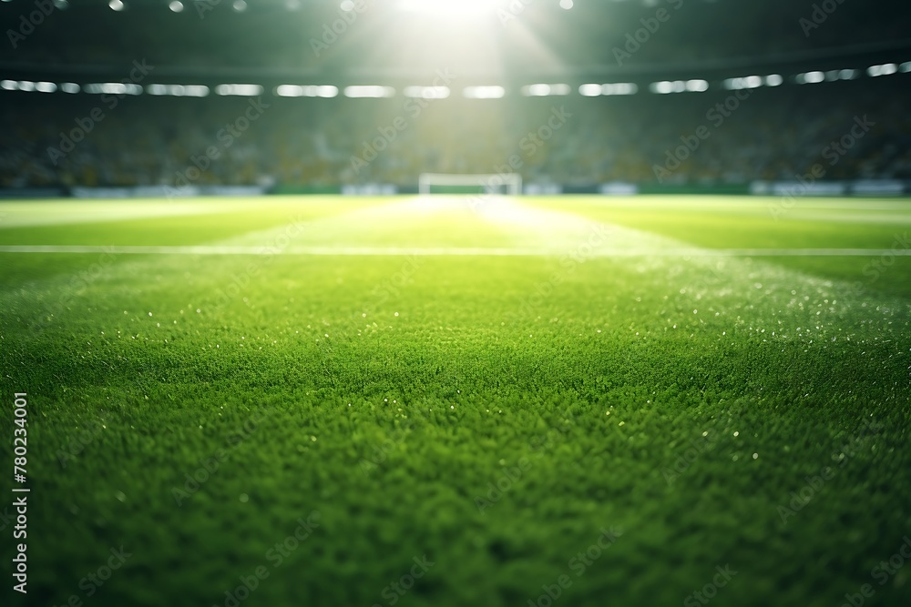 Soccer field with green grass and bright lights