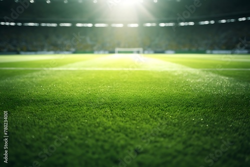 Soccer field with green grass and bright lights