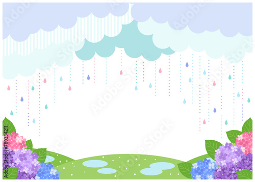 梅雨、背景、イラスト、雨、あじさい、明るい、横型