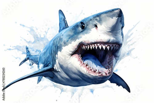 A fierce shark face in blue and white on a white background