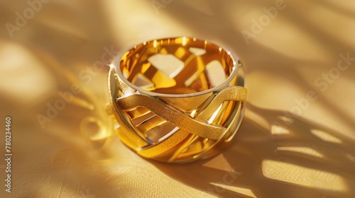 Elegant golden ring design on a soft backdrop. A luxurious and intricately designed 18K golden with 316L Stainless steel ring stands out against a creamy  soft background  bathed in gentle light