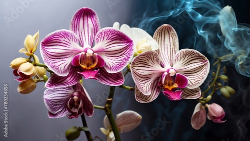 A still life of pink and purple orchids next to a scattering of nuts.

