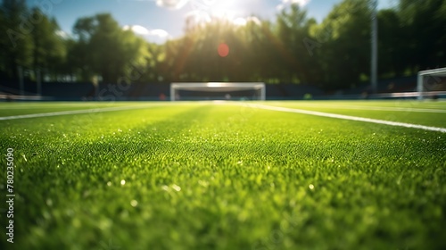 soccer field with green grass and lights at sunset