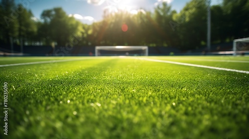 soccer field with green grass and lights at sunset photo