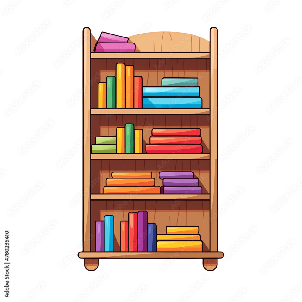 A simple cartoon bookshelf with colourful books, in the style of clip art, white background A simple cartoon bookshelf with colourful books, in the style of clip art, white background