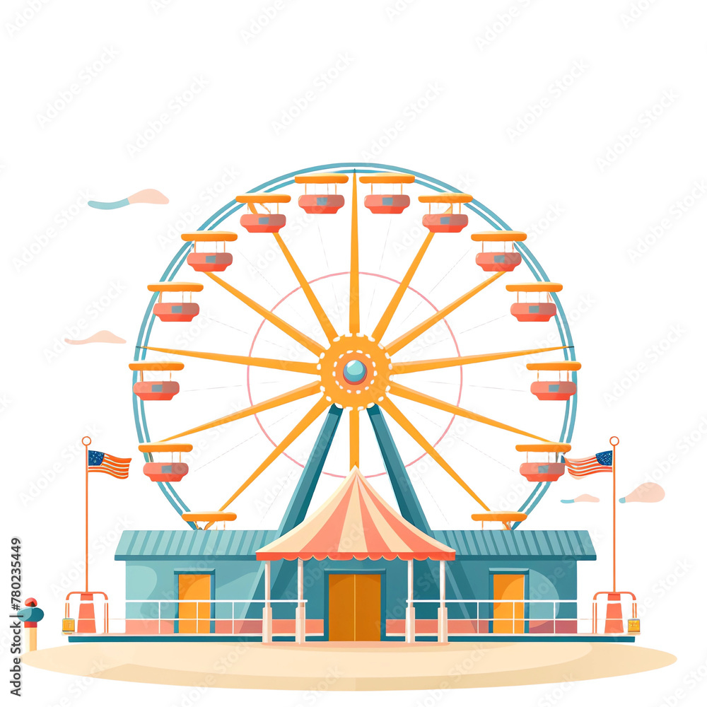 Ferris wheel amusement park flat vector illustration with white ...