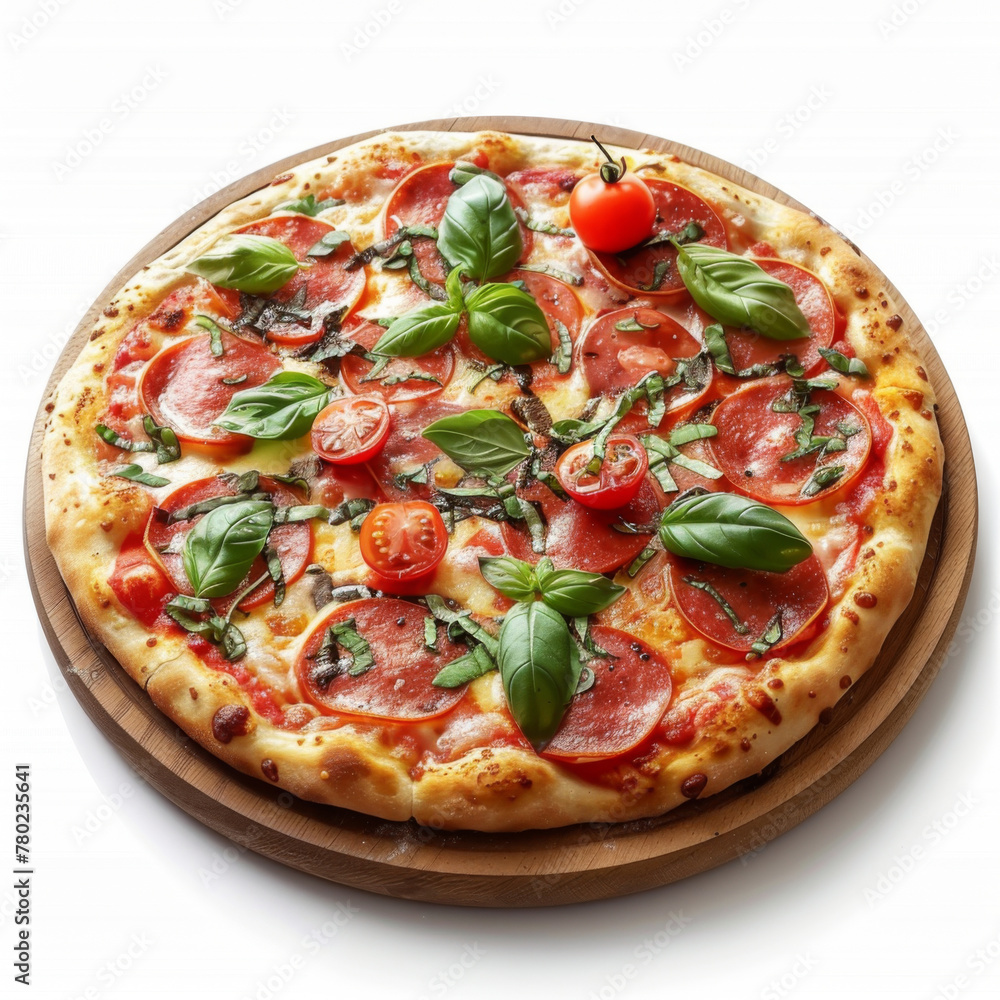 Classic Margherita pizza with vibrant cherry tomatoes, mozzarella cheese, and fresh basil on a wooden board. Classic Margherita pizza with vibrant cherry tomatoes, mozzarella cheese, and fresh basil on a wooden board.