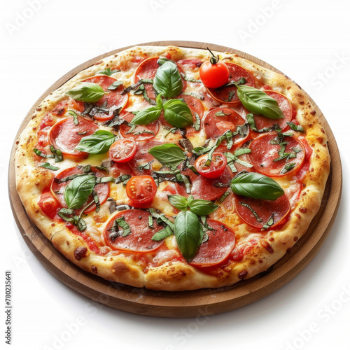 Classic Margherita pizza with vibrant cherry tomatoes, mozzarella cheese, and fresh basil on a wooden board.