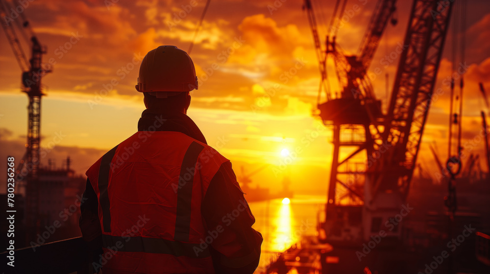 Silhouette of an engineer wearing a high visibility safety jacket and helmet standing against the backdrop of a sunset on a construction site with cranes, bustling activity in the background Silhouette of an engineer wearing a high visibility safety jacket and helmet standing against the backdrop of a sunset on a construction site with cranes, bustling activity in the background