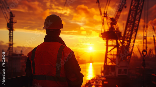 Silhouette of an engineer wearing a high visibility safety jacket and helmet standing against the backdrop of a sunset on a construction site with cranes, bustling activity in the background photo