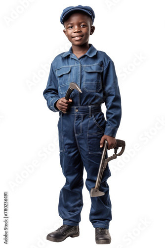 a 10 years old of afro american car mechanic boy with holding a wrench photo