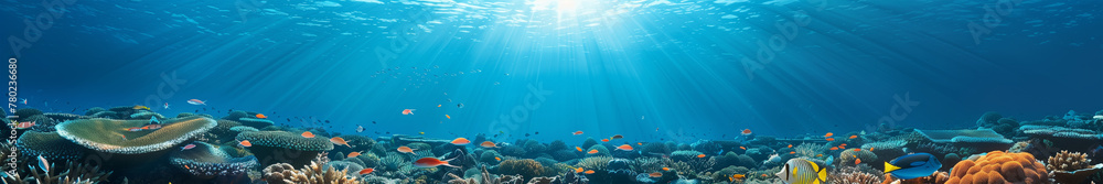 Obraz premium panoramic deep blue underwater background with coral reefs and fish
