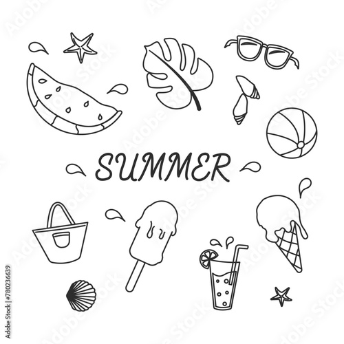 Hand drawn set of simple icons with summer elements. Collection of cartoon icons with one line. 