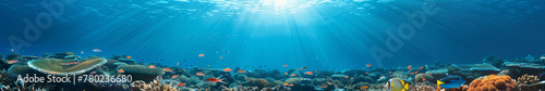 panoramic deep blue underwater background with coral reefs and fish photo