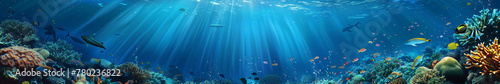 panoramic deep blue underwater background with coral reefs and fish