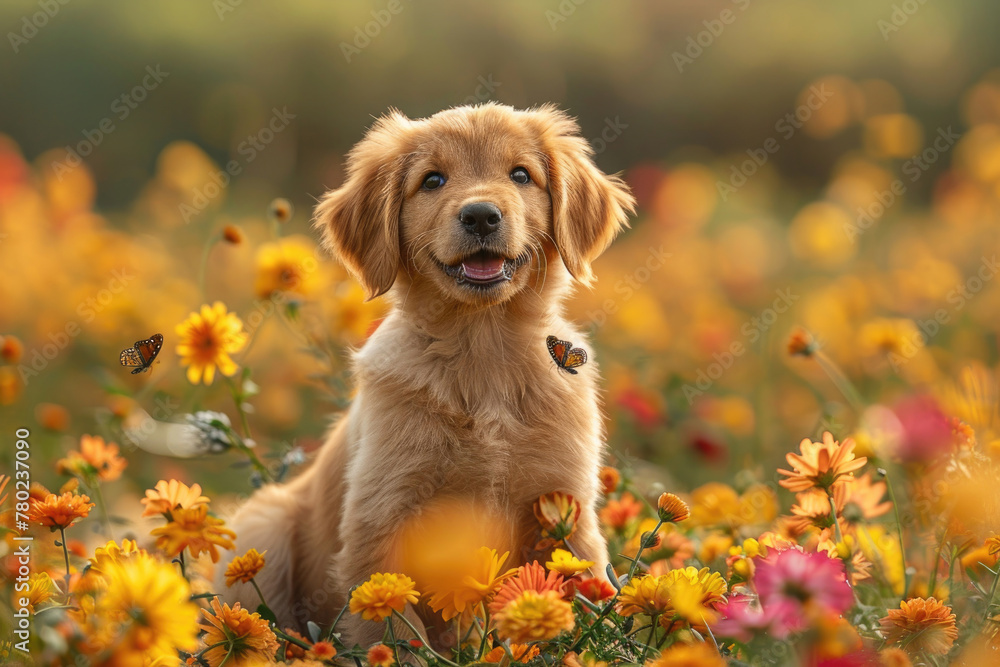 A cute puppy playing in a field of flowers, with a wagging tail and happy expression - obrazy, fototapety, plakaty 