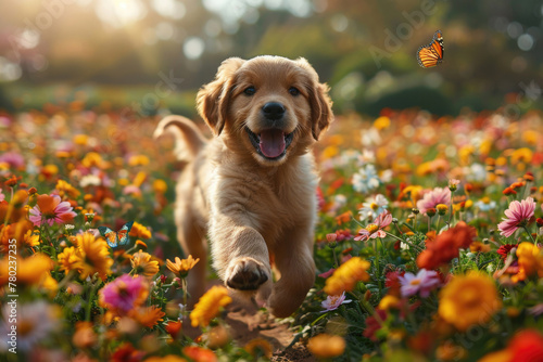 A cute puppy playing in a field of flowers, with a wagging tail and happy expression photo