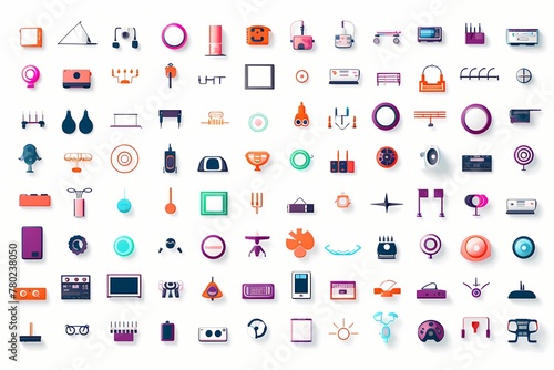 A collection of sleek, minimalistic vector icons representing various technological devices in vibrant colors on a white solid background