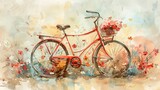 6K watercolor of a bicycle with flowers, vintage ink outlines, classic and charming, picturesque detail