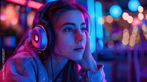 A young woman wearing headphones engrossed in a game with neon lighting, soft tones, fine details, high resolution, high detail, 32K Ultra HD, copyspace photo