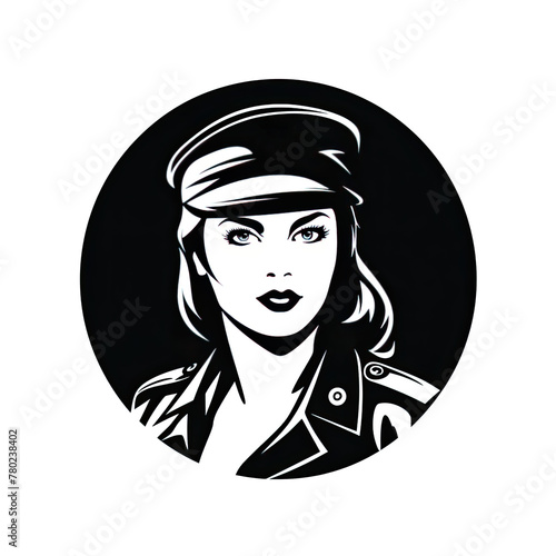 A logo of a female soldier with a black hat within a circle