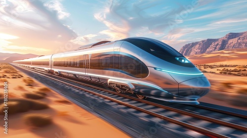 Conceptual image of a futuristic high-speed train crossing a desert, soft tones, fine details, high resolution, high detail, 32K Ultra HD, copyspace