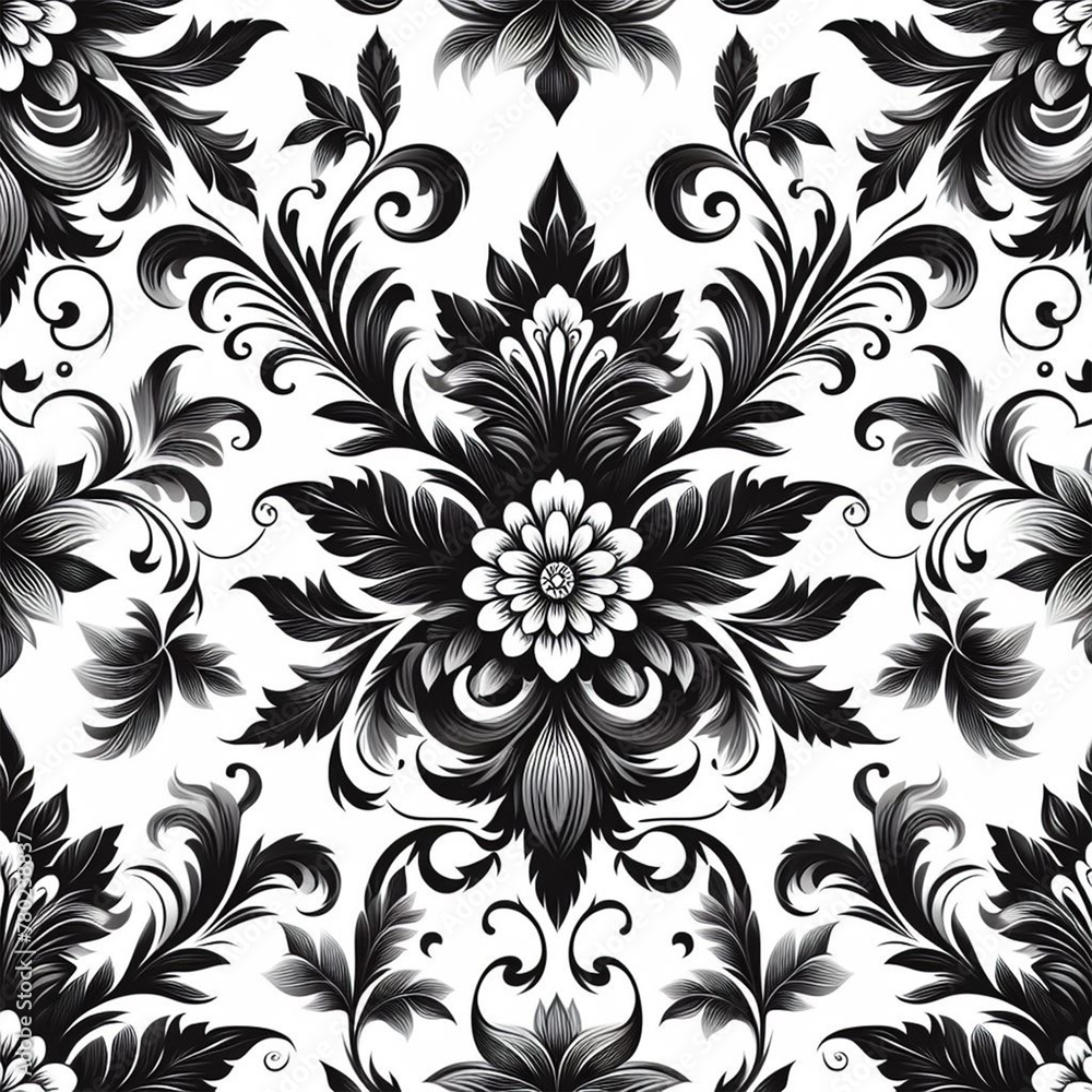 Beautiful floral elegant swirls damask fabric seamless pattern of hand drawn flowers with decorative dark vintage with colorful wallpaper background Beautiful floral elegant swirls damask fabric seamless pattern of hand drawn flowers with decorative dark vintage with colorful wallpaper background