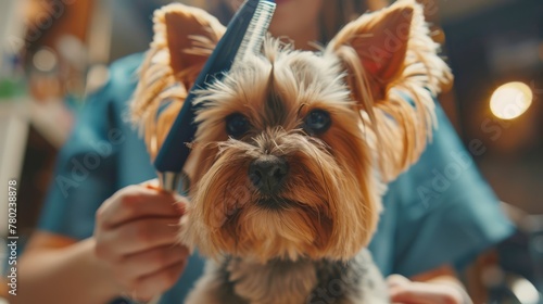 Yorkshire terrier at a grooming session, perfect for pet beauty and care industry.