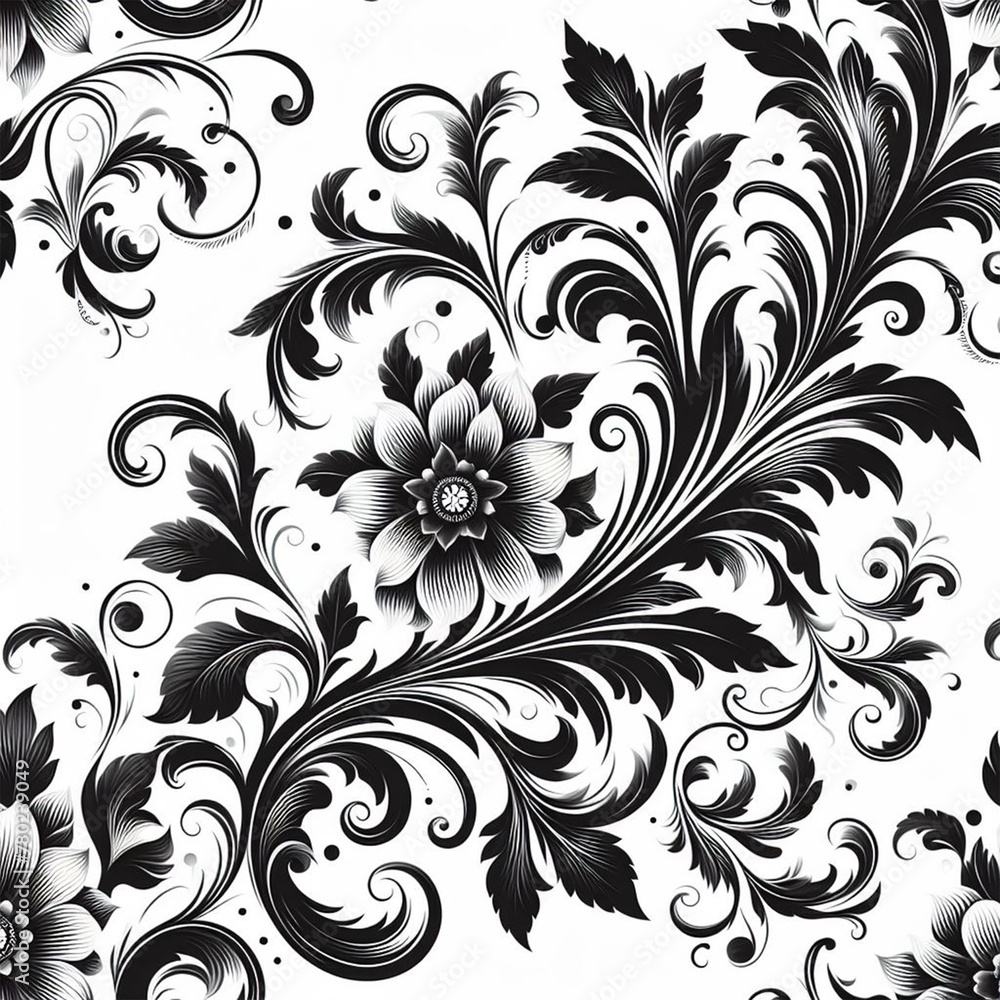 Beautiful floral elegant swirls damask fabric seamless pattern of hand drawn flowers with decorative dark vintage with colorful wallpaper background Beautiful floral elegant swirls damask fabric seamless pattern of hand drawn flowers with decorative dark vintage with colorful wallpaper background