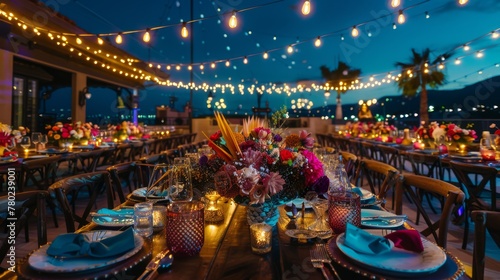 Outdoor evening event with festive lights and city view  perfect for gatherings and celebrations.