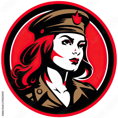A logo of a female soldier within a circle with a red background