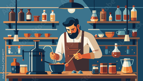 A cluttered workbench displays various jars tubes and instruments as a home brewer diligently measures out precise amounts of ingredients for