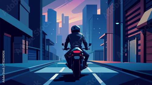 The hum of a motorcycle engine echoes through the deserted city streets as a rider weaves through the shadows their jacket and helmet