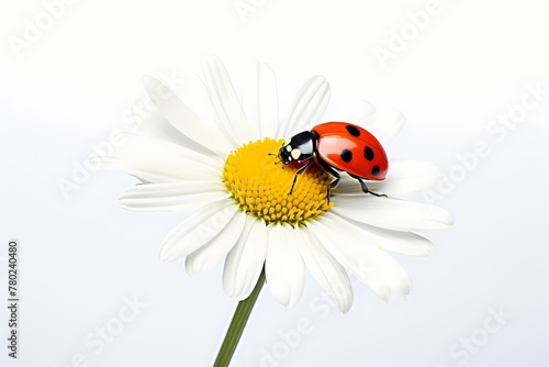 A cheerful daisy with a ladybug perched on one of its petals, isolated on white solid background