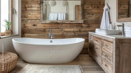 In the bathroom a wooden vanity with a distressed finish is paired with a sleek modern freestanding bathtub. The walls are clad in wooden planks creating a spalike atmosphere. Above . photo