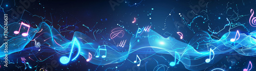 Abstract blue glowing music waves with musical notes on dark background