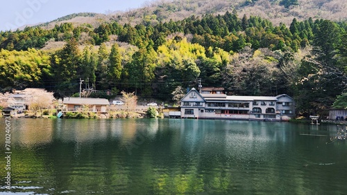 landscape of lake Kinrin, Yufuin, Oita, Japan, spring and nature background