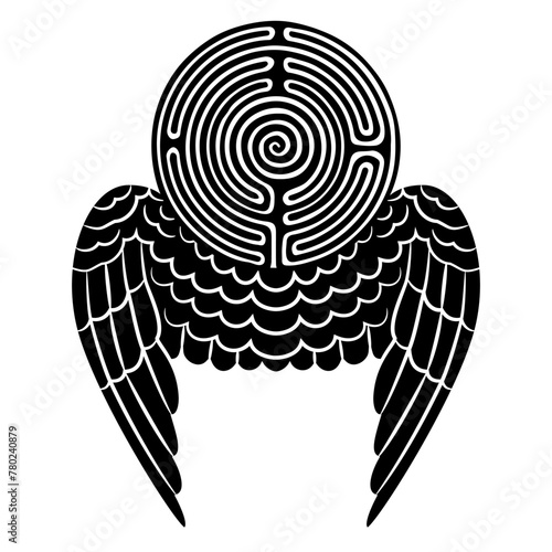 Flying maze. Round spiral labyrinth symbol with bird's or angel's wings. Creative concept. Black and white silhouette.
