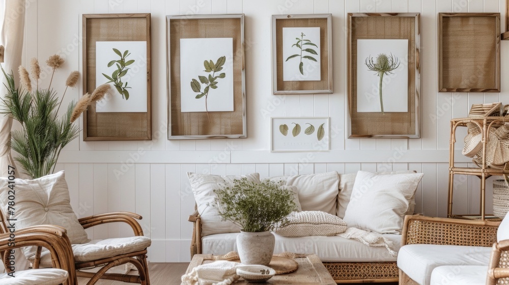 In the second image a series of wooden frames hang on the wall showcasing pressed botanical specimens such as dried leaves and flowers. The natural rustic feel of the raw wood is enhanced .