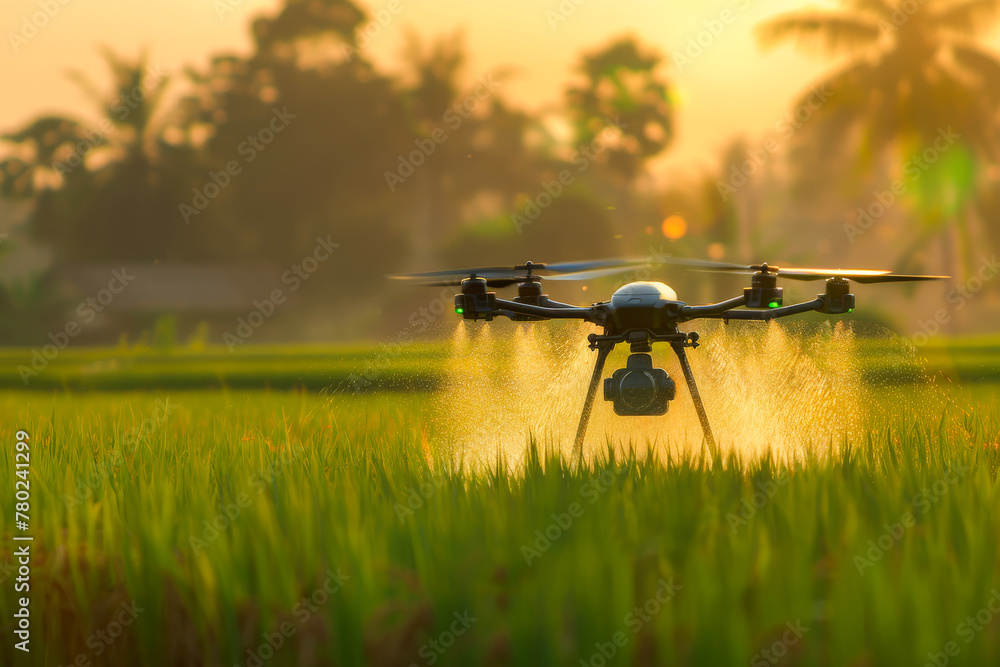 Drone spraying water at daytime