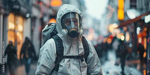 Man in protective equipment disinfecting the city, generative ai