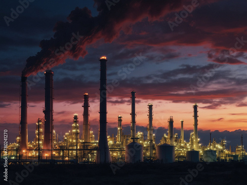 Sunset Silhouette, Petrochemical Industry Against the Evening Sky